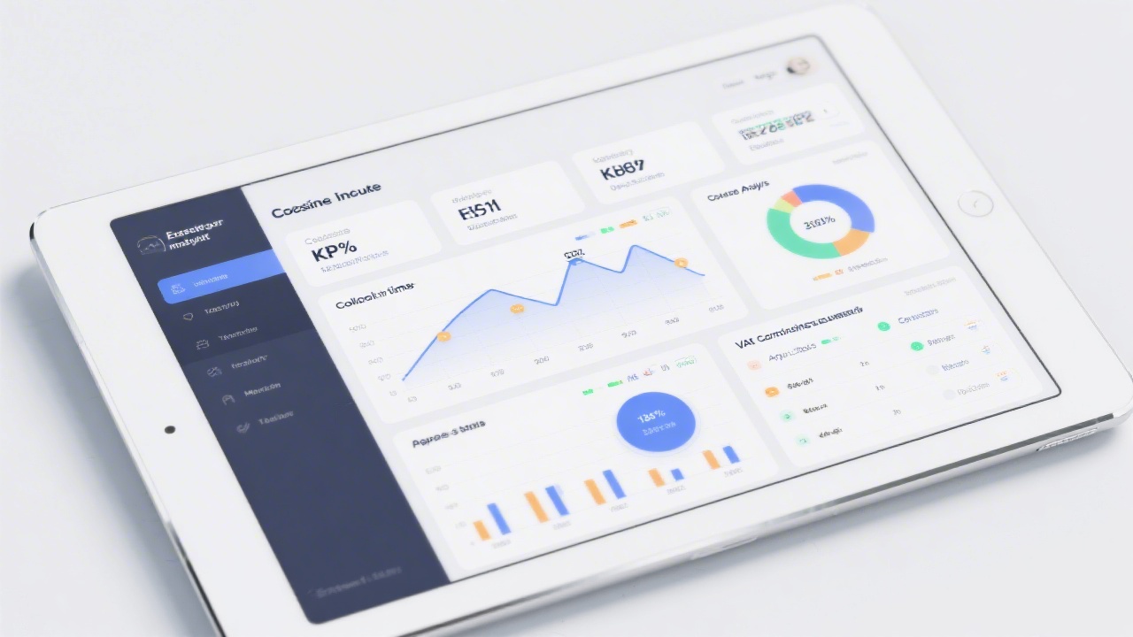 Executive analytics report with closing invoice KPIs, collection timelines, margin analysis, VAT compliance summaries, and approval status charts displayed on a clean white tablet screen.