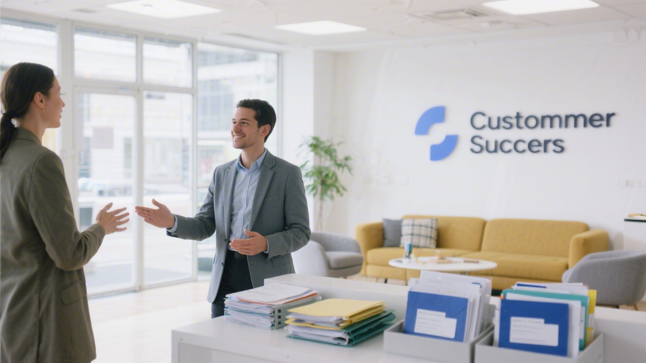 Customer success specialist greeting clients in a bright office lobby with branded signage, comfortable seating, and documentation folders prepared for onboarding of digital final invoicing processes.