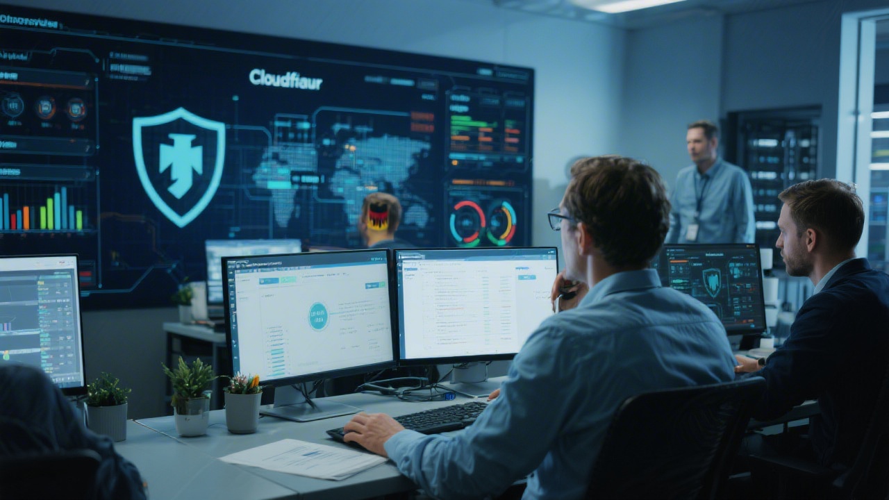 Cybersecurity control room with analysts monitoring encrypted invoice data flows, compliance indicators, Cloudflare shields, and German data center infrastructure representing trust and regulatory alignment.