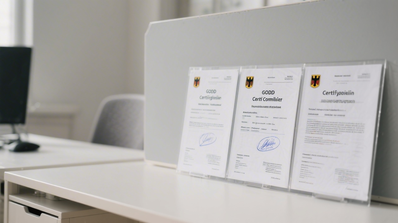 Certification documents confirming GoBD compliance displayed with official seals, structured audit trails, digital signatures, and German regulatory references on a neutral office desk background.