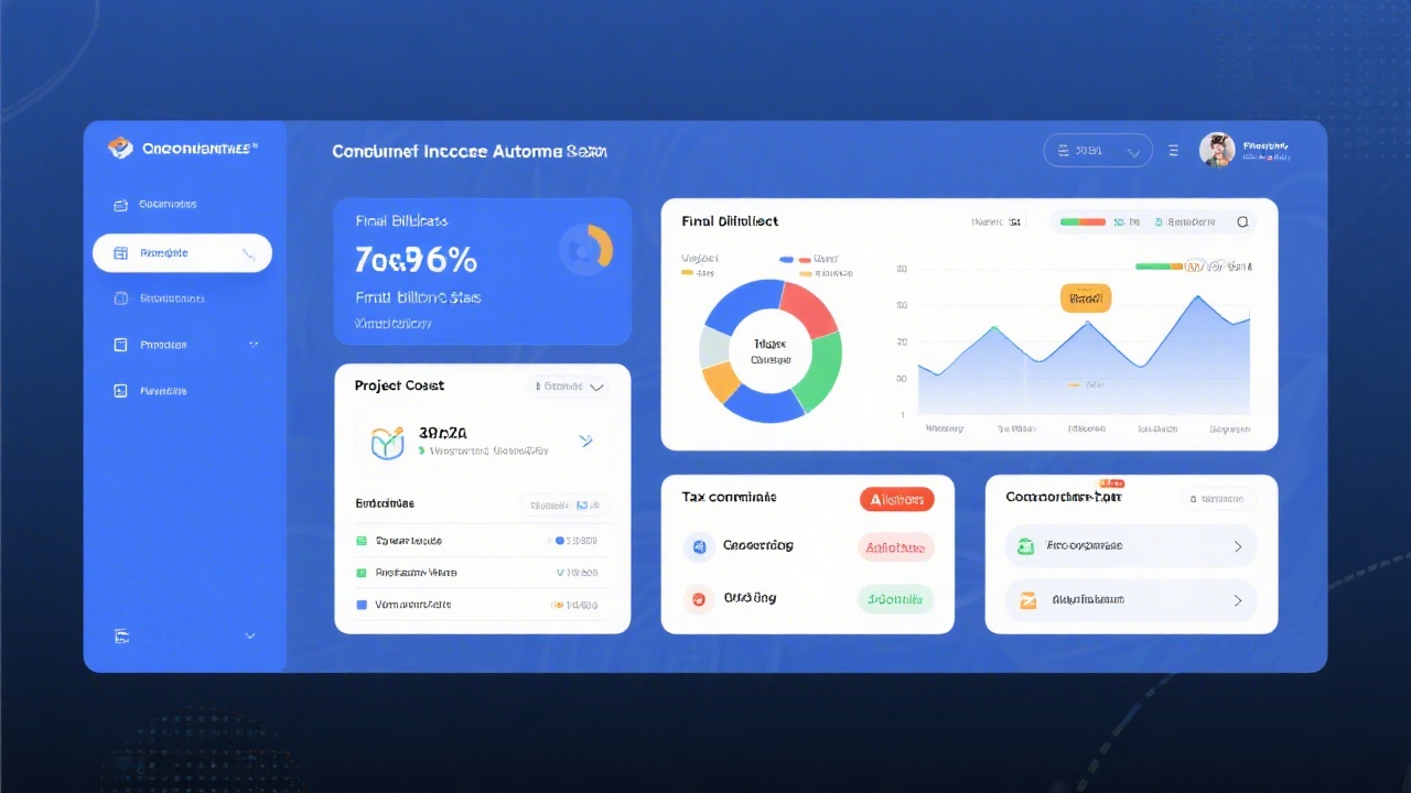 Comprehensive invoice automation dashboard screenshot showing final billing status, project cost breakdown charts, tax compliance alerts, and collaborative approvals in a clean blue enterprise interface.