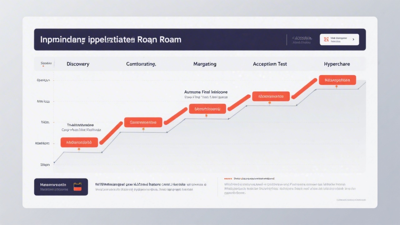 Implementation roadmap poster describing discovery, configuration, migration, acceptance testing, and hypercare phases for automated final invoicing within German mid-market construction firms.