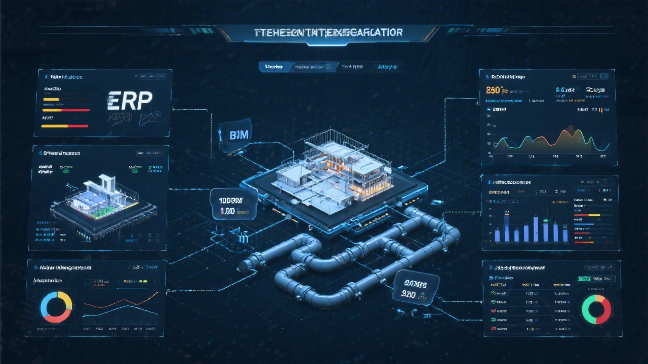Technology integration overview with ERP, BIM, and financial systems connected through APIs, secure data pipelines, and monitoring dashboards supporting German mid-sized project companies.