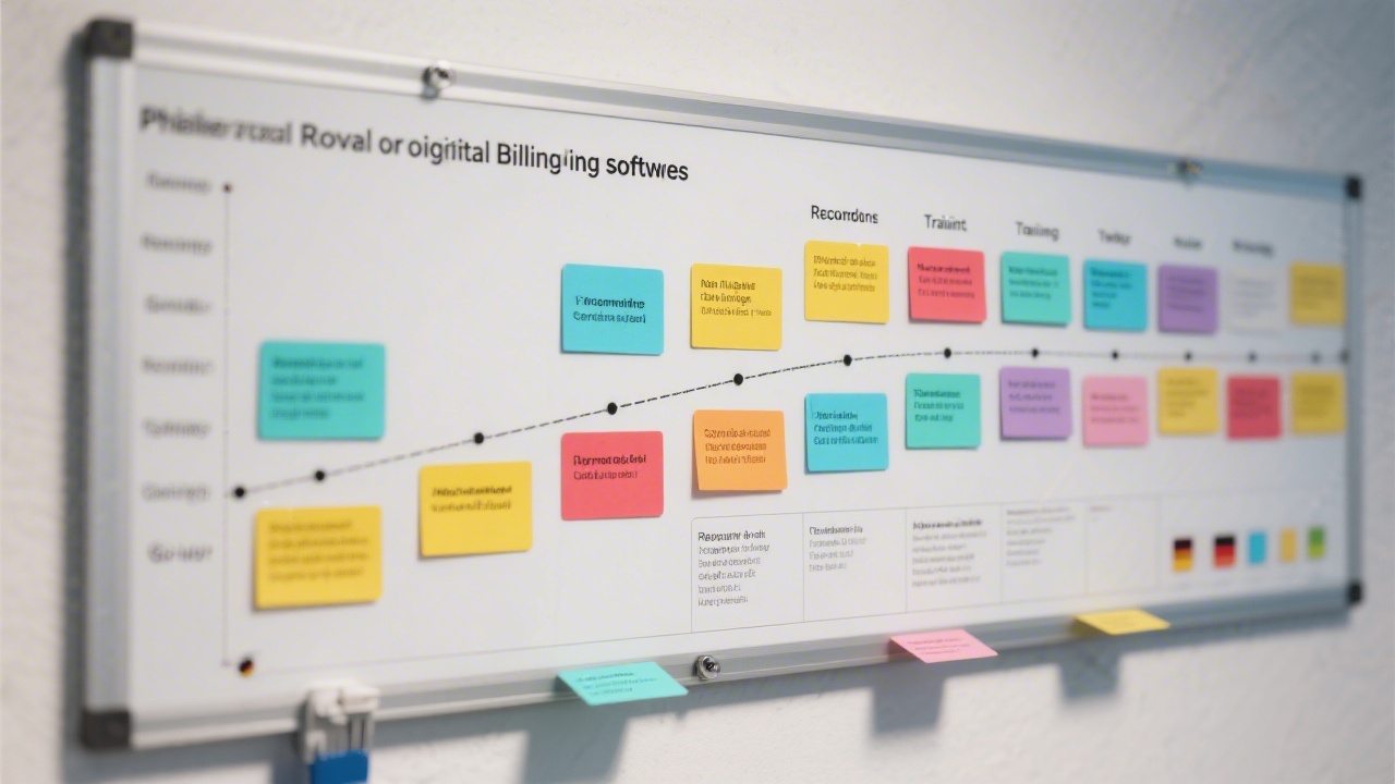 Timeline board showing phased rollout of digital billing software with milestones for requirements, testing, training, and go-live supported by color-coded cards and German compliance notes.