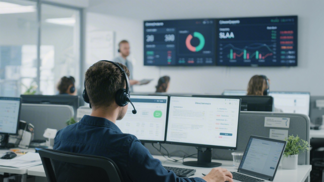 Modern client support center with bilingual agents using headsets, knowledge base dashboards, SLA tracking screens, and collaborative messaging tools tailored for professional invoicing assistance.