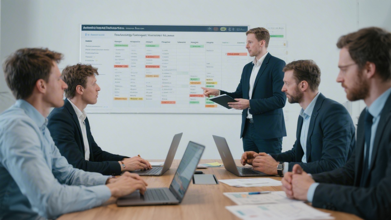 Financial and project managers collaborating around a conference table with laptops, discussing automated final invoice reconciliation, task tracking walls, and checklists for German construction projects.