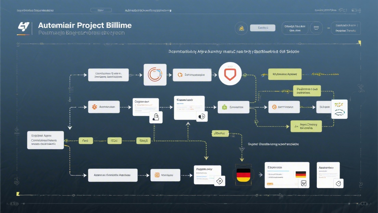 Detailed process diagram illustrating automated project billing workflow with digital approvals, compliance checkpoints, export icons, and collaborative audit trail arrows in a modern German engineering style.